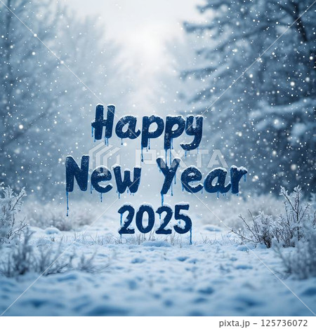 Happy New Year 2025 in Snowy Landscape with Snowfall 125736072