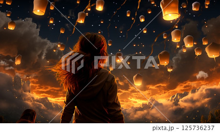 Beautiful woman and glowing flying lanterns view from the back Beautiful woman and glowing flying lanterns view from the back 125736237