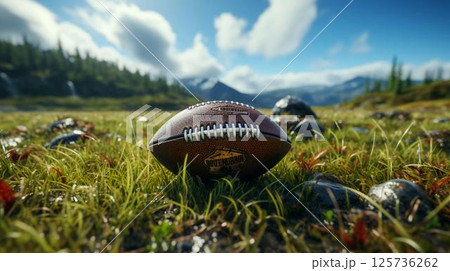 A leather ball for playing American football lies on the playing field 125736262