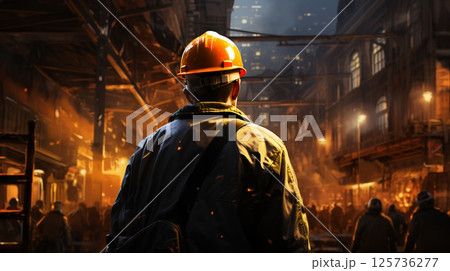 Oil refinery engineer, oil industry worker stands in front of a large chemical plant 125736277