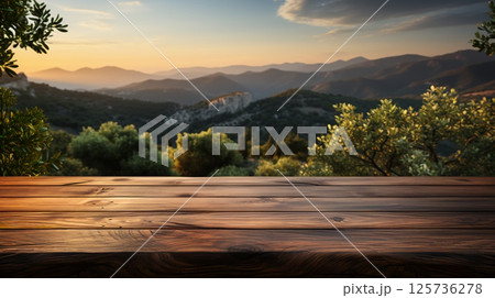 Wooden floor surface made of natural boards against the backdrop of forest and mountain nature 125736278