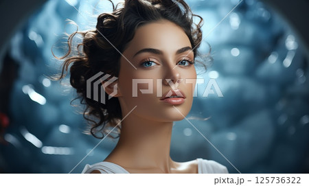 Beautiful woman looking at the camera, blurred background, close-up face 125736322