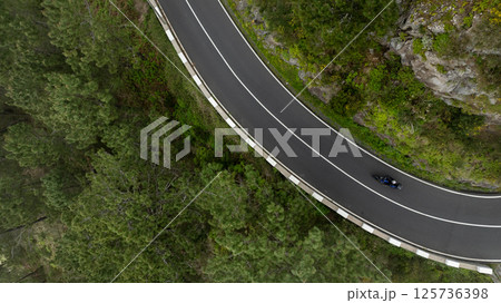 Motorcycle Rider Driving in High Mountain Landscape, Madeira Island , Portugal 125736398
