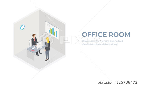 Isometric office room interior concept vector. Business characters male and female. Two people in office concept. Isometric office room interior concept vector. Business characters male and female. Two people in office concept. 125736472