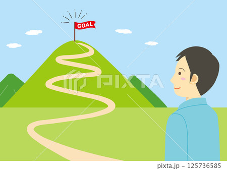 ゴール地点に旗がある山と男性のイラスト 125736585