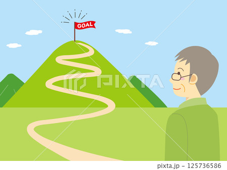 ゴール地点に旗がある山と男性のイラスト_2 125736586