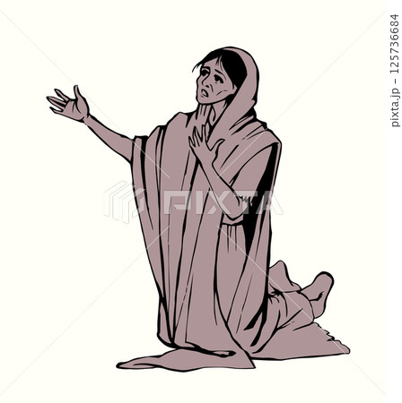 A starving woman asks for help. Vector drawing 125736684