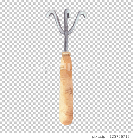 Garden rake with wooden handle. Hand painted with watercolors. Gardening tools, isolated on a white background. For design, layouts. 125736715