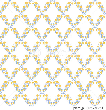 Summer trellis ornament with lemon branch. Italy vacation seamless pattern. Vector Mediterranean wallpaper Summer trellis ornament with lemon branch. Italy vacation seamless pattern. Vector Mediterranean wallpaper 125736751
