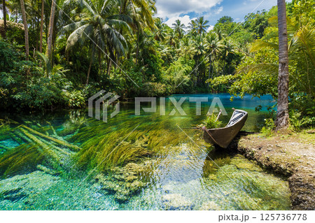 Transparent lake with blue water and old boat in rain forest on sunny day. Transparent lake with blue water and old boat in rain forest on sunny day. 125736778