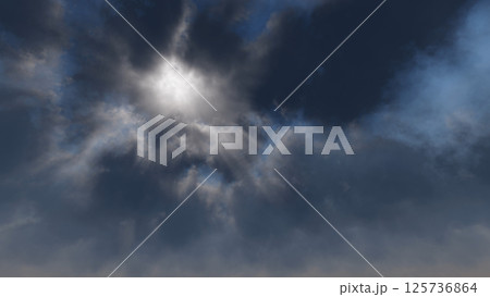 雲間から光芒が注ぐ昼の曇り空 125736864