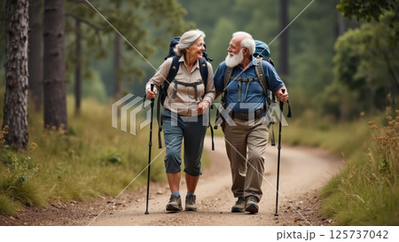 elderly couple hiking in a forest 125737042