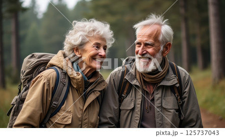 elderly couple hiking in a forest 125737043