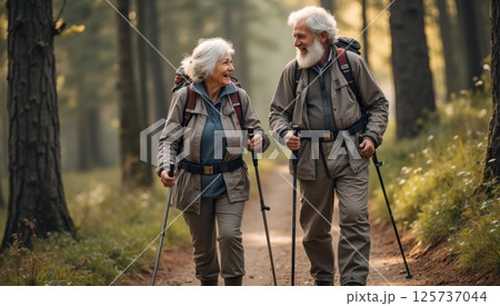 elderly couple hiking in a forest 125737044