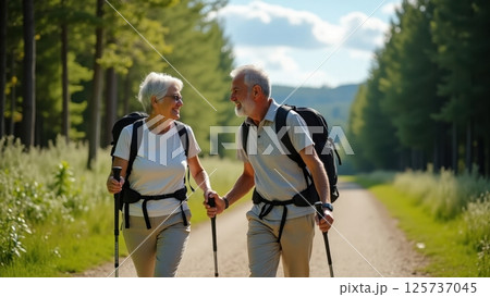 elderly couple hiking in a forest 125737045