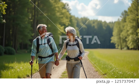 elderly couple hiking in a forest 125737047