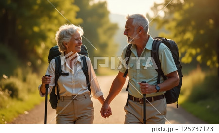 elderly couple hiking in a forest elderly couple hiking in a forest 125737123
