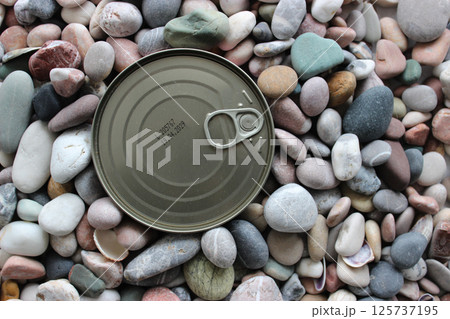 The top of the tin can is flush with the surface of the pebbles textured background  The top of the tin can is flush with the surface of the pebbles textured background  125737195