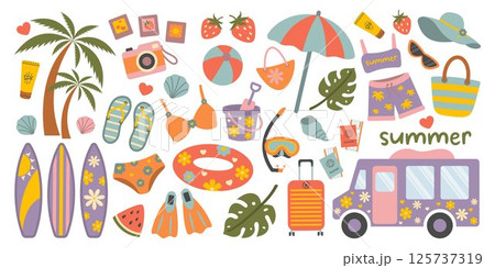 Summer set. Colorful Summer Beach Elements Collection. Flat Clipart with Vacation Icons: Surfboards, Palm Trees, Swimwear, Fruits, Accessories, and Travel Items for Holiday Design and Decoration. Summer set. Colorful Summer Beach Elements Collection. Flat Clipart with Vacation Icons: Surfboards, Palm Trees, Swimwear, Fruits, Accessories, and Travel Items for Holiday Design and Decoration. 125737319