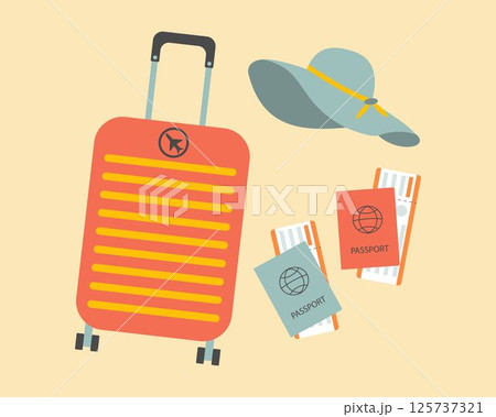 Colorful suitcase, passports, boarding passes, and sun hat. Travel essentials illustration. Perfect for vacation, journey, trip, tourism, airport and summer travel-themed designs. Colorful suitcase, passports, boarding passes, and sun hat. Travel essentials illustration. Perfect for vacation, journey, trip, tourism, airport and summer travel-themed designs. 125737321