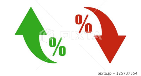 Up and down arrow icons with percentage symbols. Green upward and red downward indicators for finance, sales, discount, growth, drop, statistics, or investment infographic and report design. 125737354