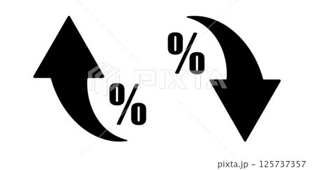 Interest rate change icon. Up and down arrows with percent symbols. Vector pictogram for financial growth and decline, market trend, inflation, deflation, economic rate concept. 125737357