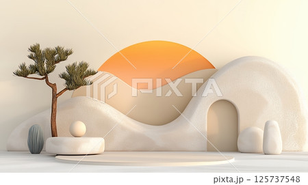 Beige and White Abstract Minimalist 3D Render of Serene Landscape with Tree and Sunset 125737548