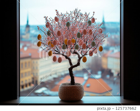 wooden decorations with colorful eggs 125737662