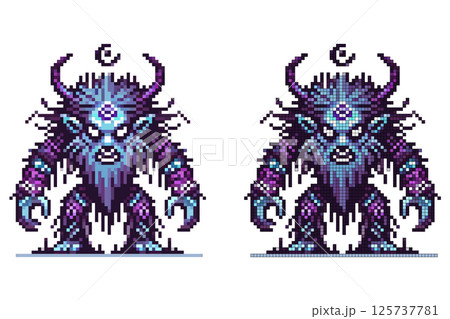 A powerful creature stands tall with prominent horns and glowing symbols on its forehead. The vibrant pixel art features intricate details, showcasing a blend of colors, emphasizing its mystical aura 125737781