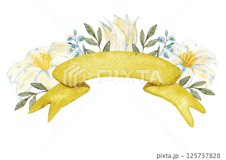 Golden ribbon decorated with white lilies, blue flowers and green leaves. Watercolor composition. For first communion, wedding, baprism, birthday greeting card, invitation. Hand drawn. Isolated 125737828