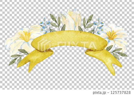 Golden ribbon decorated with white lilies, blue flowers and green leaves. Watercolor composition. For first communion, wedding, baprism, birthday greeting card, invitation. Hand drawn. Isolated 125737828