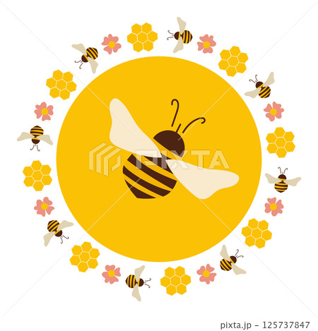 Bee in flolar wreath. Honey and flowers. 125737847