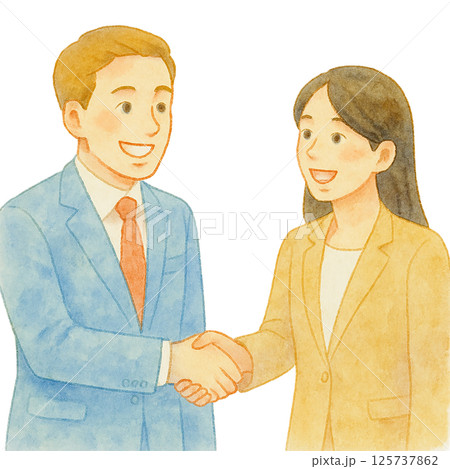 商談成立で握手を交わすビジネスパーソンの水彩風イラスト｜男女・笑顔・明るい印象 125737862