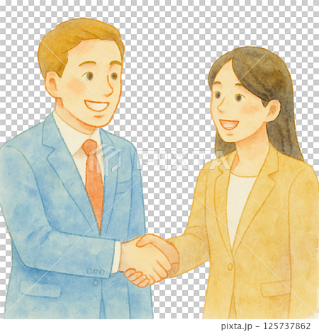 商談成立で握手を交わすビジネスパーソンの水彩風イラスト｜男女・笑顔・明るい印象 125737862