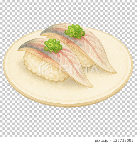 竹莢魚握壽司插圖（2張）|水彩風格，竹莢魚，藍魚，配調味品，白色背景 125738093