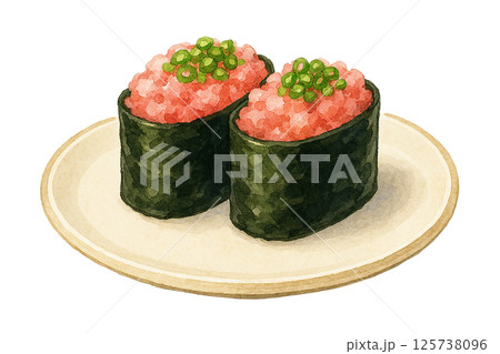 ネギトロ軍艦巻きイラスト（2貫）｜水彩風・寿司・海鮮・白背景 125738096