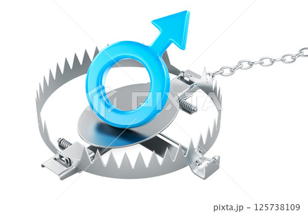 Bear trap with blue male gender symbol inside, 3D rendering Bear trap with blue male gender symbol inside, 3D rendering 125738109
