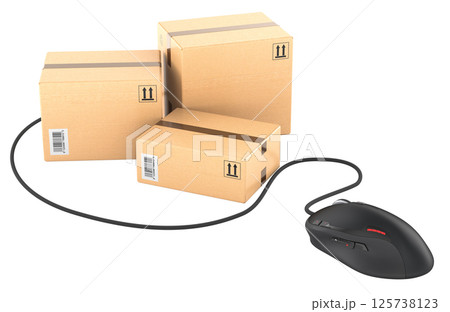 Parcels with computer mouse, 3D rendering 125738123