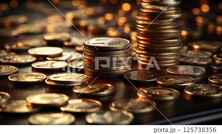 Gold coins and money are scattered on the table. Concept of wealth and saving money 125738356
