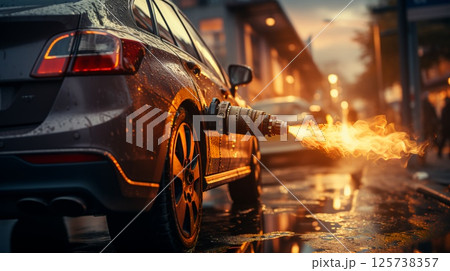Fuel hose for refueling a car at a gas station 125738357