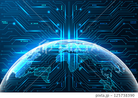 Global network and digital connectivity concept with glowing Earth and circuit lines, vector image 125738390
