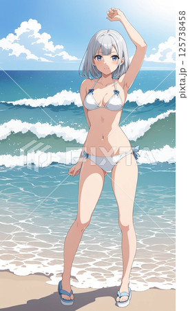 海にいる白ビキニの女性 125738458