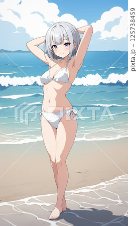 海にいる白ビキニの女性 125738459