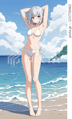 海にいる白ビキニの女性 125738462