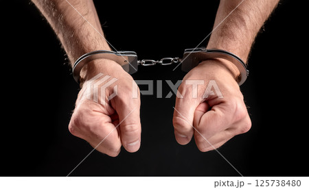 手錠をかけられた人物の正面ショット ／ 拘束と非自由を訴えるインパクトあるメッセージ素材 125738480