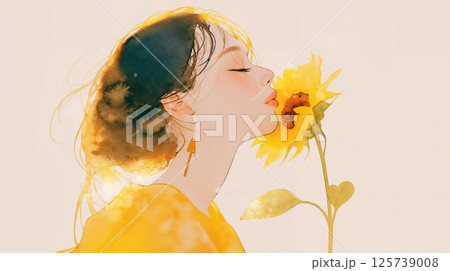 ひまわりを持つ女性 125739008