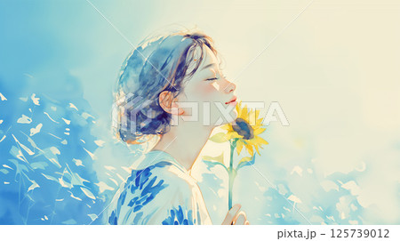 ひまわりを持つ女性 125739012