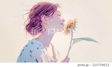 ひまわりを持つ女性 125739013