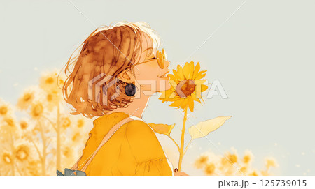 ひまわりを持つ女性 125739015