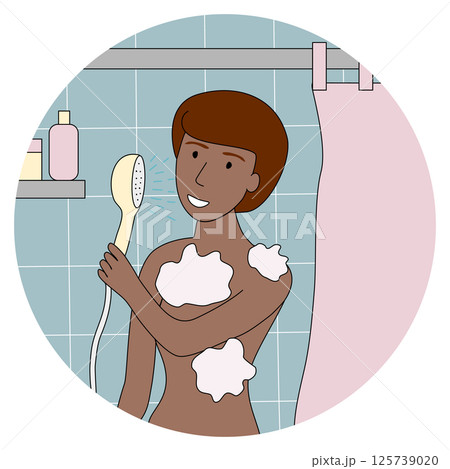 Person taking a relaxing shower in bathroom with soap suds 125739020